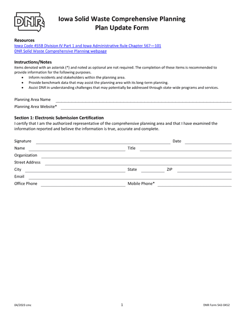 DNR Form 542-0452 Iowa Solid Waste Comprehensive Planning Plan Update Form - Iowa