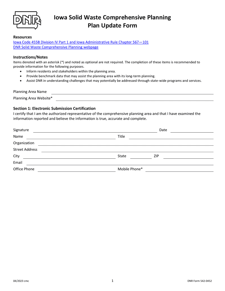 DNR Form 542-0452 Iowa Solid Waste Comprehensive Planning Plan Update Form - Iowa, Page 1