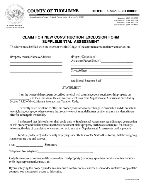 Laim for New Construction Exclusion Form Supplemental Assessment - Tuolumne County, California