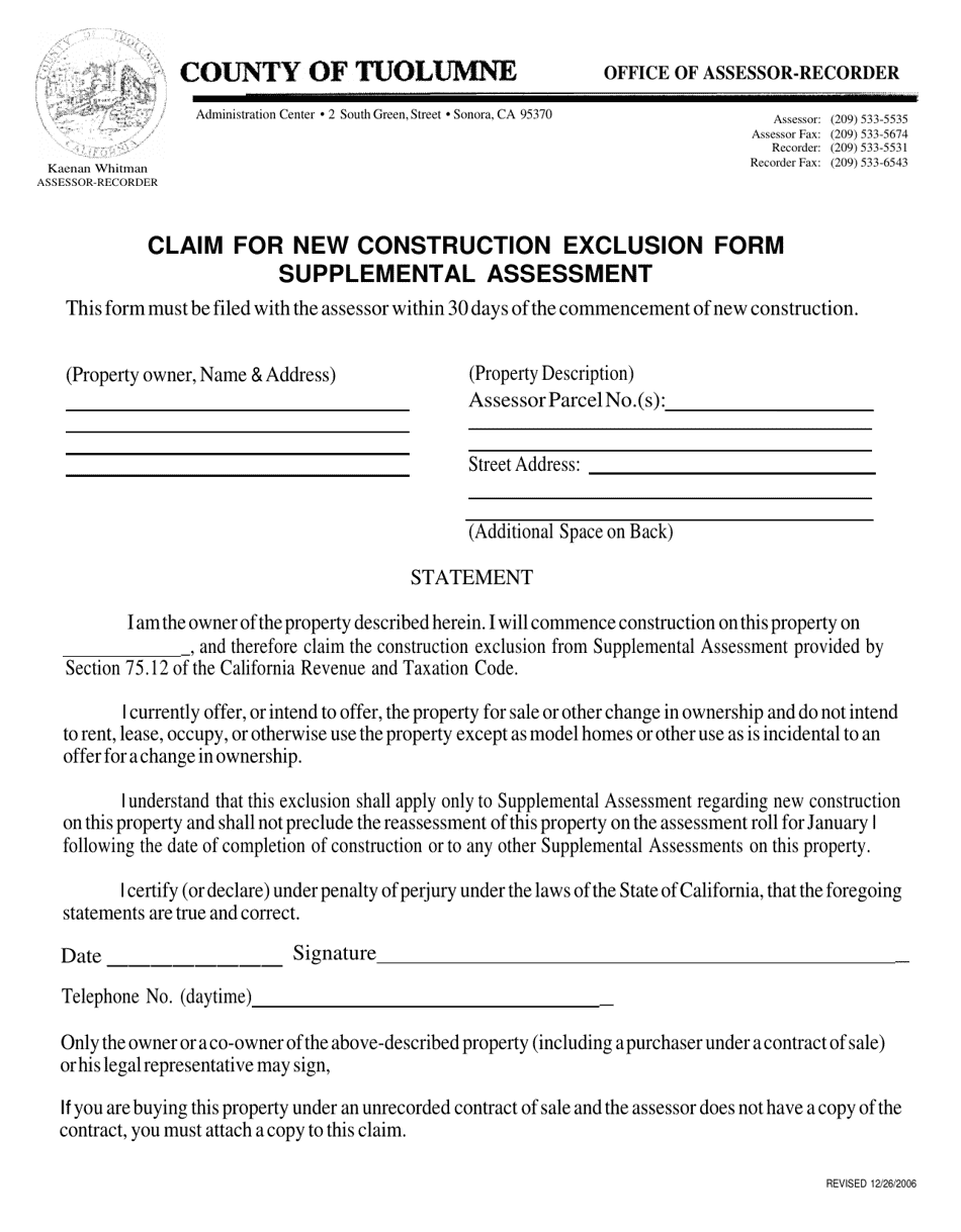Laim for New Construction Exclusion Form Supplemental Assessment - Tuolumne County, California, Page 1