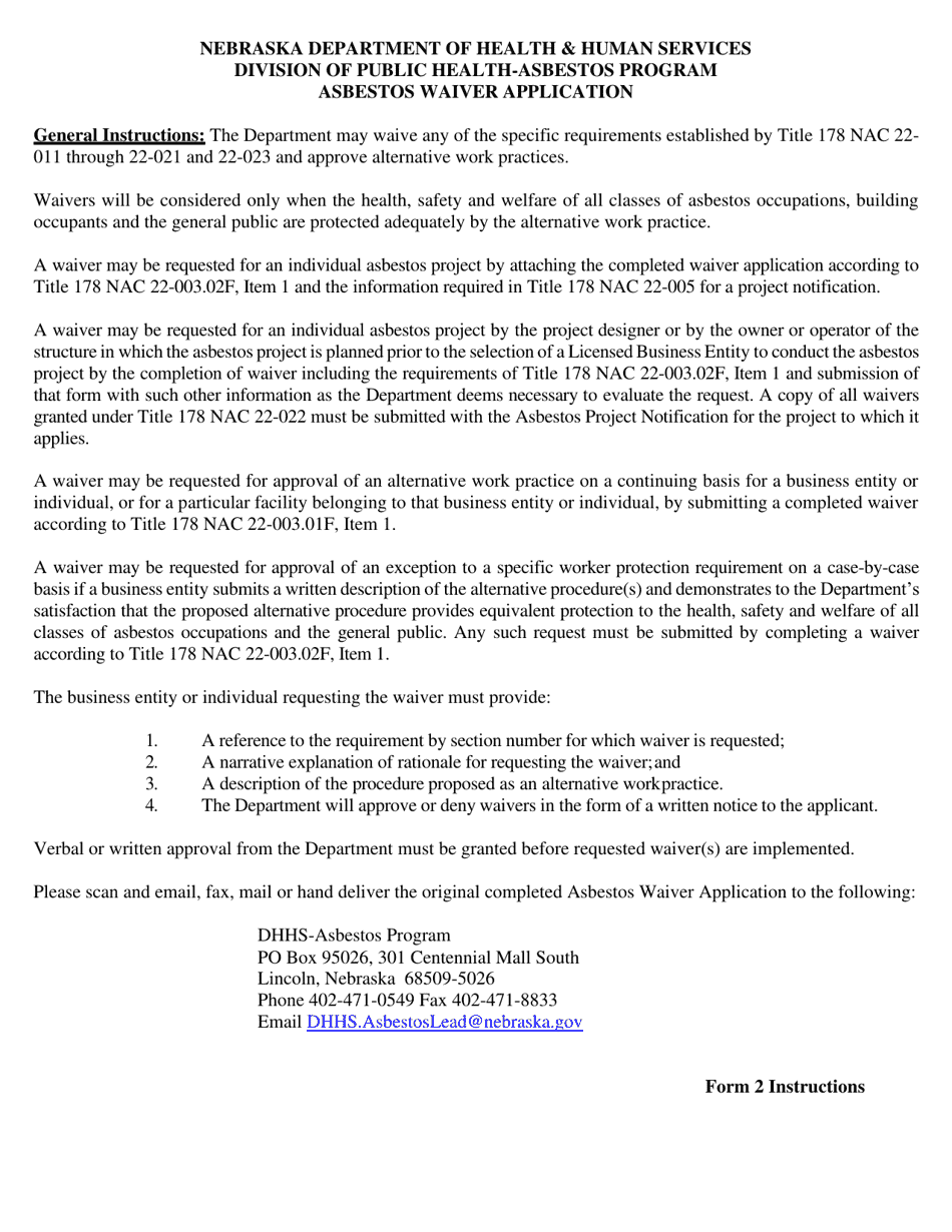 Form 2 Asbestos Waiver Application - Nebraska, Page 1