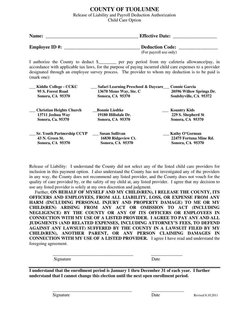 Release of Liability and Payroll Deduction Authorization - Child Care Option - Tuolumne County, California, Page 1