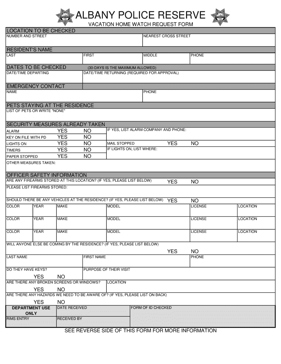 Vacation Home Watch Request Form - City of Albany, California, Page 1