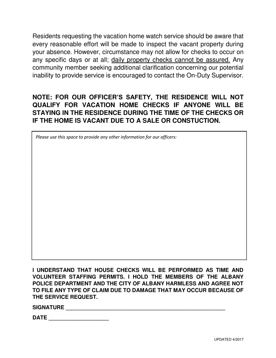 Vacation Home Watch Request Form - City of Albany, California, Page 2