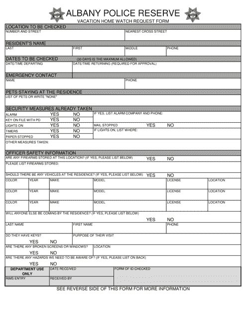 Vacation Home Watch Request Form - City of Albany, California Download Pdf