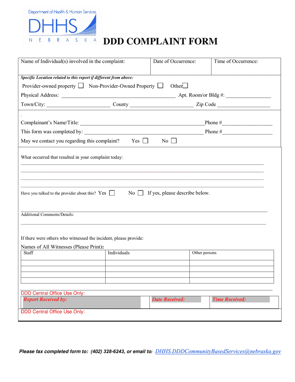 Ddd Complaint Form - Nebraska, Page 1