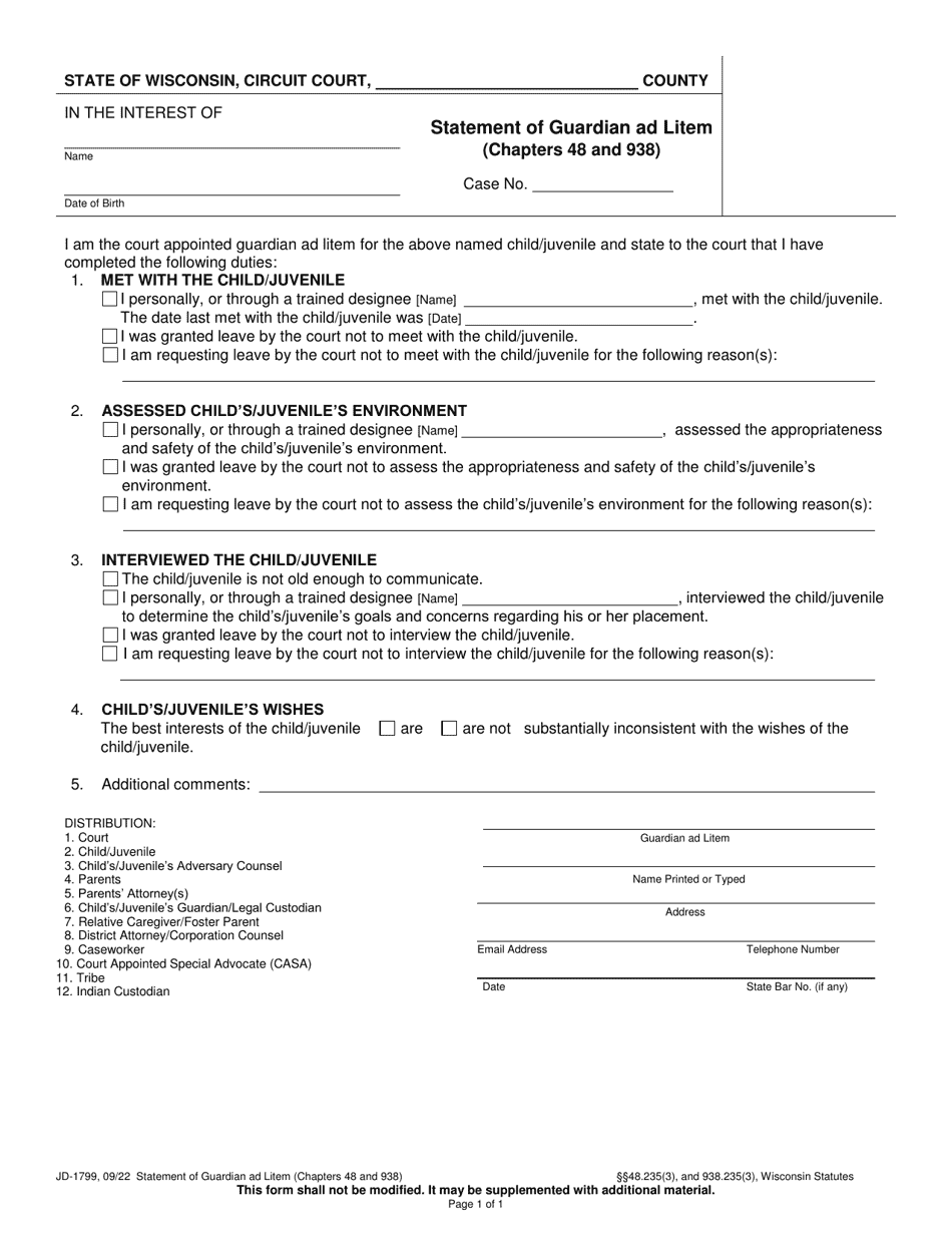 Form JD-1799 Statement of Guardian Ad Litem (Chapters 48 and 938) - Wisconsin, Page 1