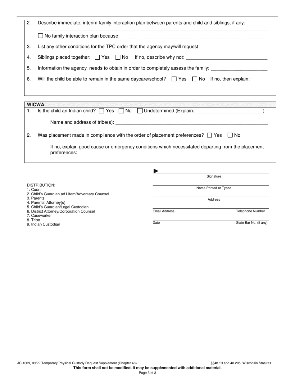 Form JC-1609 Temporary Physical Custody Request Supplement (Chapter 48) - Wisconsin, Page 3