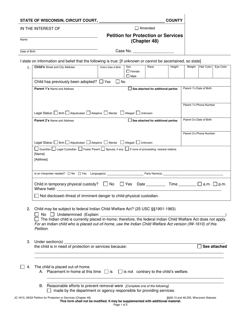 Form JC-1610 Petition for Protection or Services (Chapter 48) - Wisconsin, Page 1
