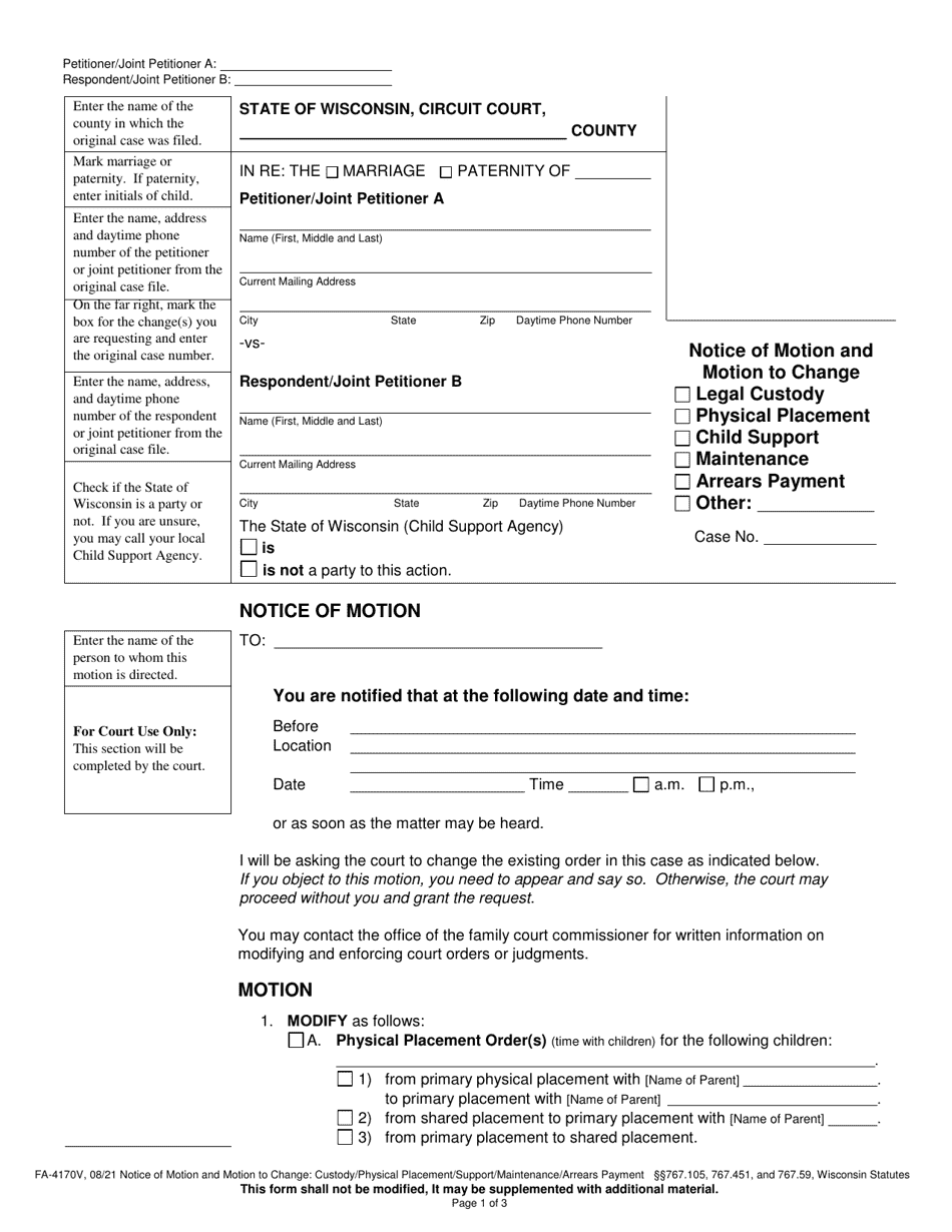 Form FA-4170V Notice of Motion and Motion to Change - Wisconsin, Page 1