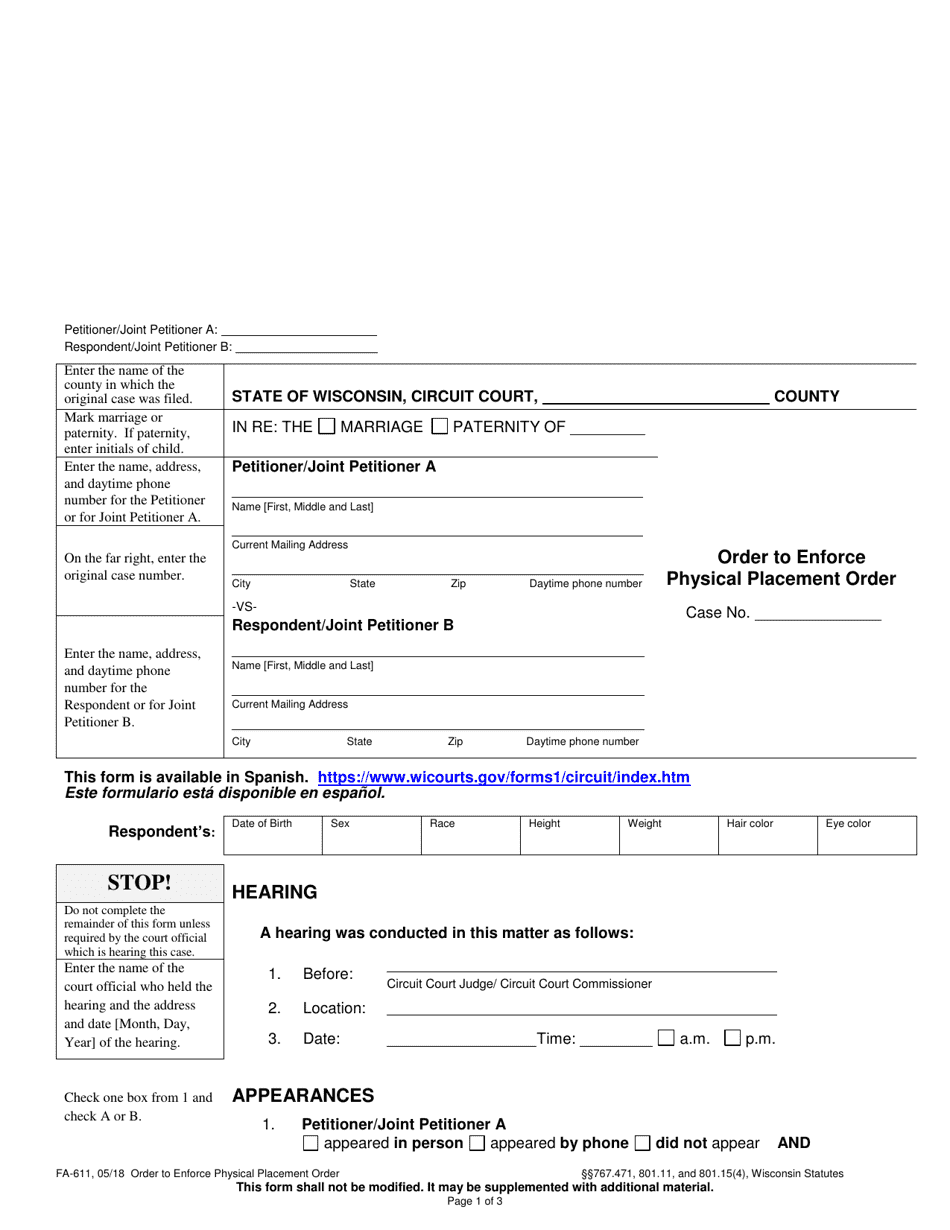 Form FA-611 Order to Enforce Physical Placement Order - Wisconsin, Page 1