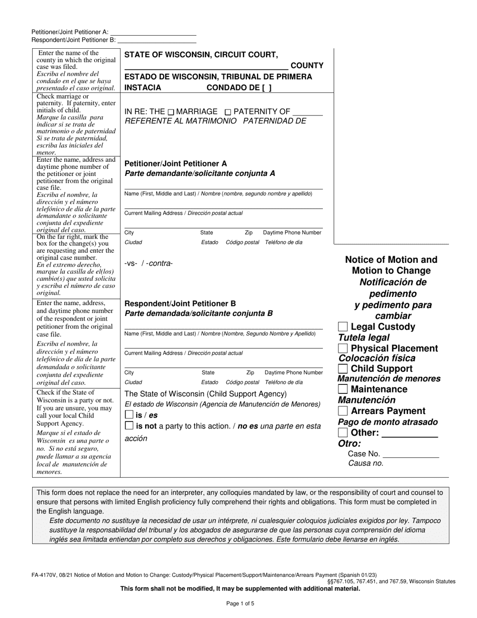 Form FA-4170V Notice of Motion and Motion to Change - Wisconsin (English / Spanish), Page 1