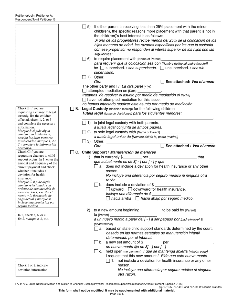 Form FA-4170V Notice of Motion and Motion to Change - Wisconsin (English / Spanish), Page 3