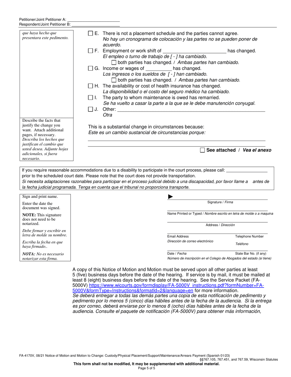 Form FA-4170V Notice of Motion and Motion to Change - Wisconsin (English / Spanish), Page 5