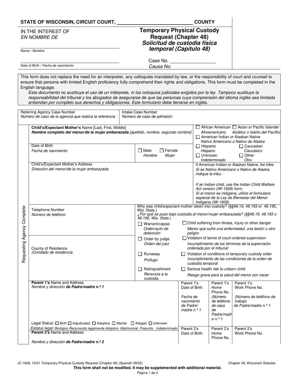 Form JC-1608 Temporary Physical Custody Request (Chapter 48) - Wisconsin (English / Spanish), Page 1