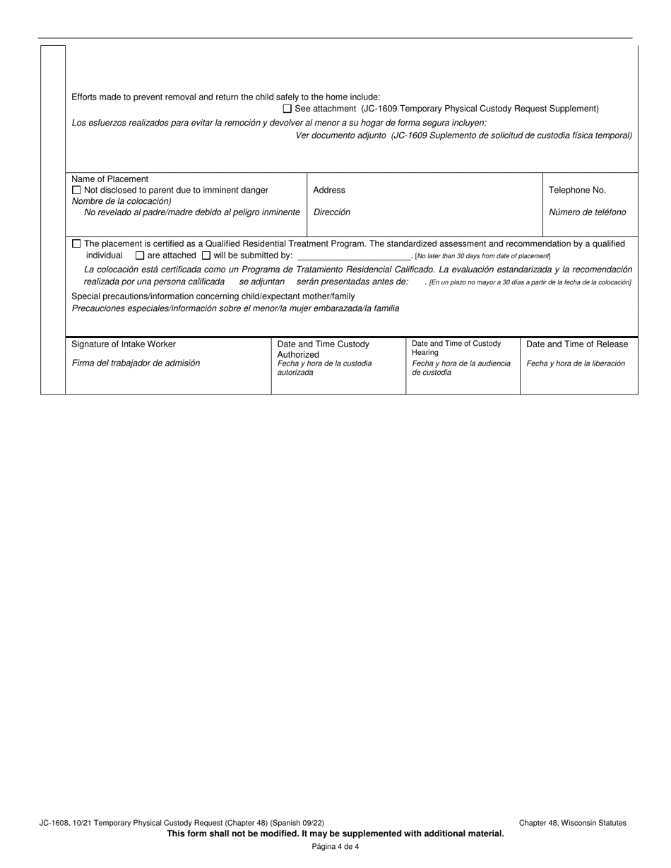 Form JC-1608 Temporary Physical Custody Request (Chapter 48) - Wisconsin (English / Spanish), Page 4