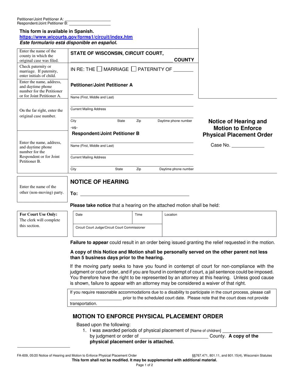 Form FA-609 Notice of Hearing and Motion to Enforce Physical Placement Order - Wisconsin, Page 1