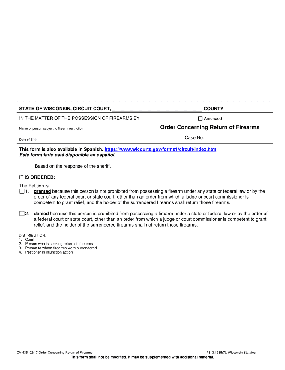 Form CV-435 Order Concerning Return of Firearms - Wisconsin, Page 1
