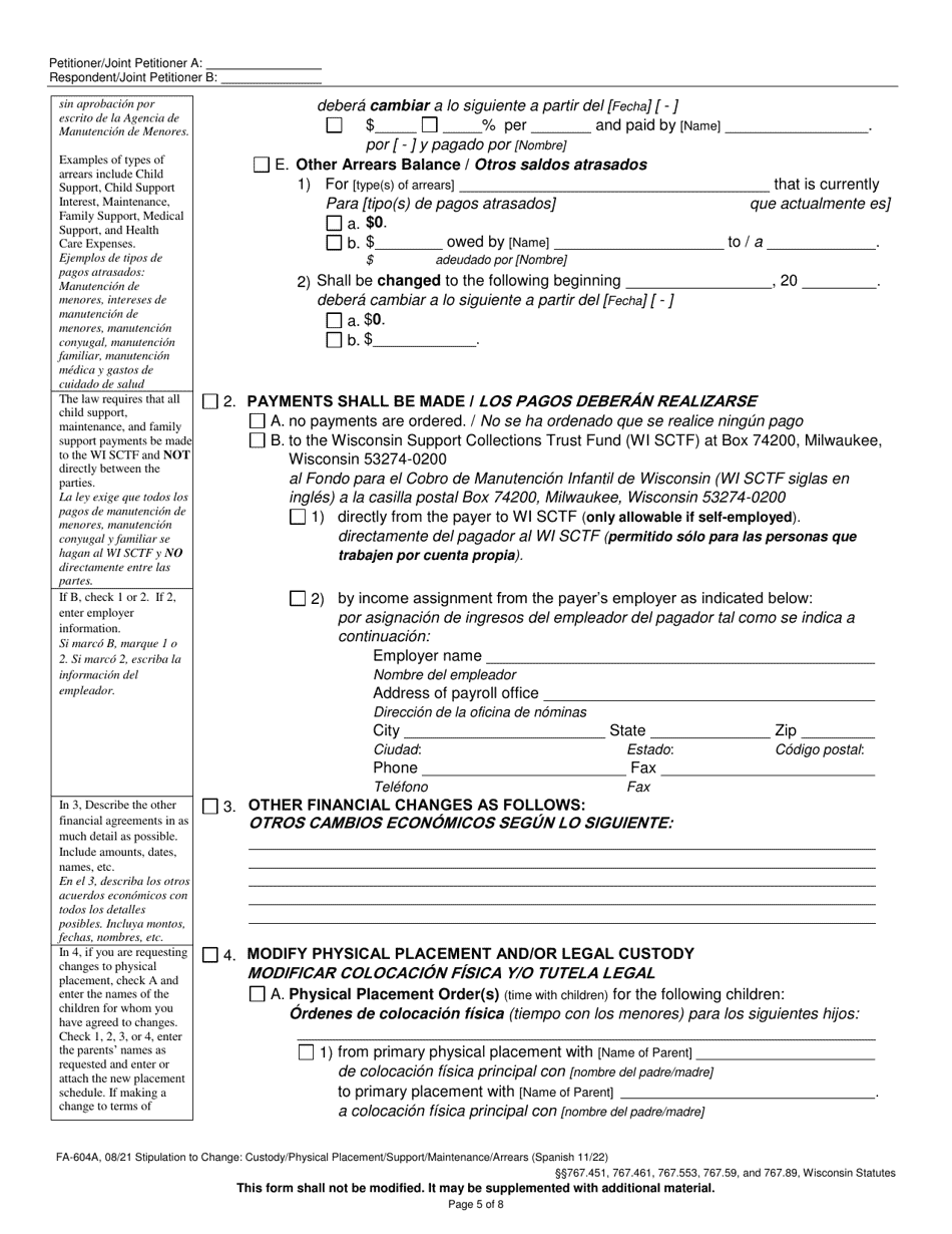 Form FA-604A Stipulation to Change - Wisconsin (English / Spanish), Page 5