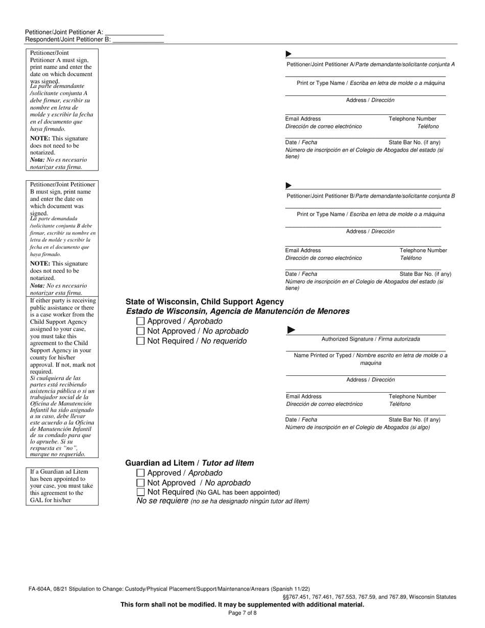 Form FA-604A Stipulation to Change - Wisconsin (English / Spanish), Page 7