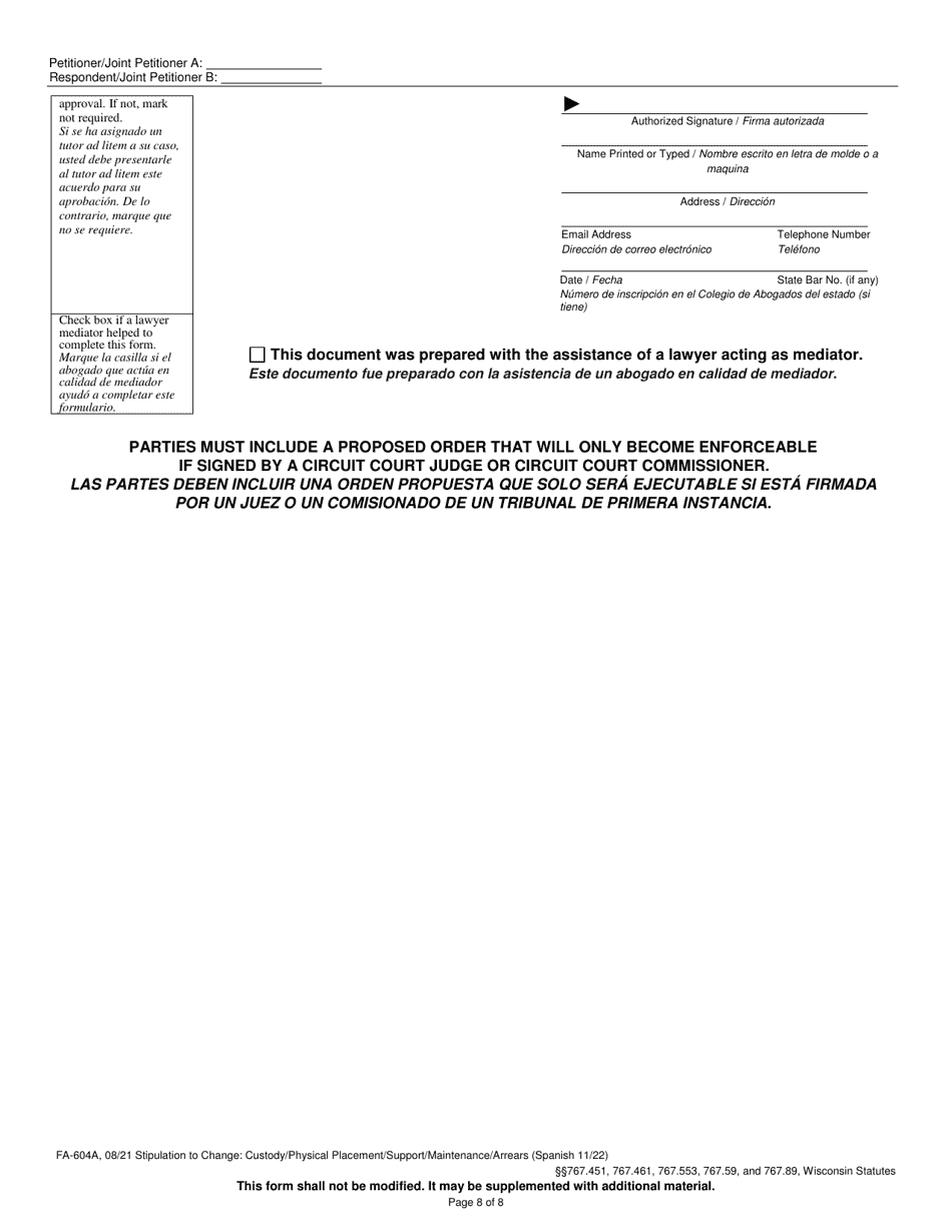 Form FA-604A Stipulation to Change - Wisconsin (English / Spanish), Page 8
