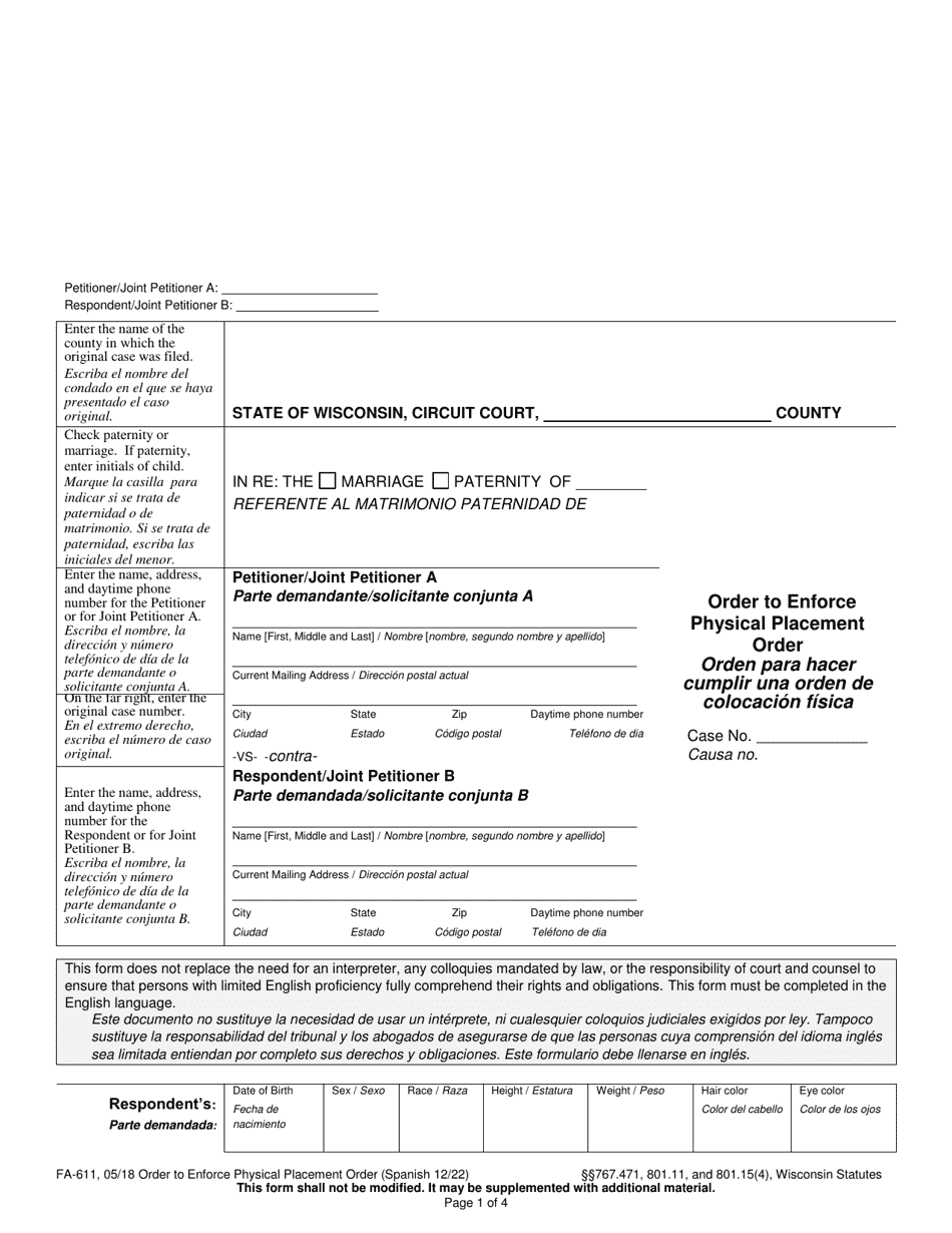 Form FA-611 Order to Enforce Physical Placement Order - Wisconsin (English / Spanish), Page 1