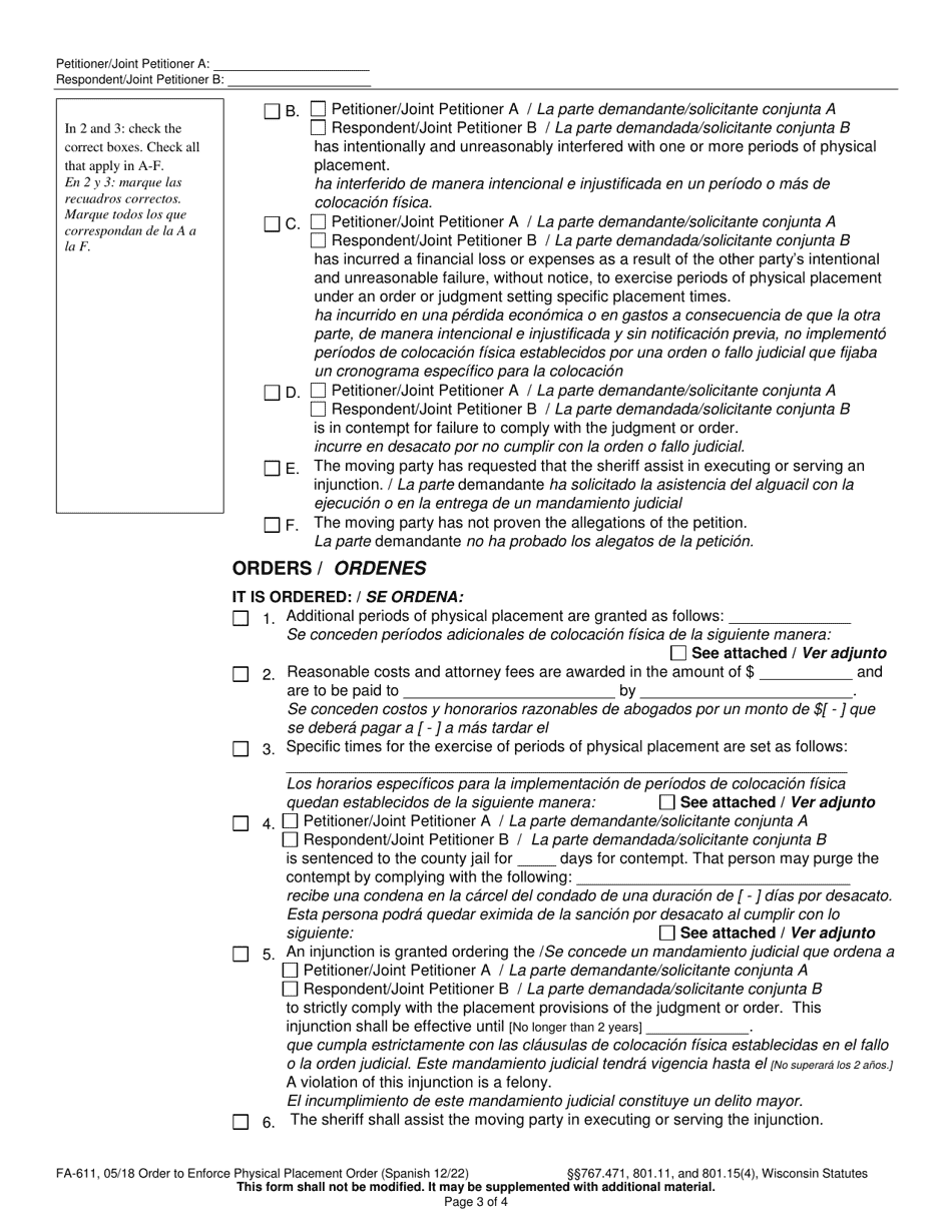 Form FA-611 Order to Enforce Physical Placement Order - Wisconsin (English / Spanish), Page 3