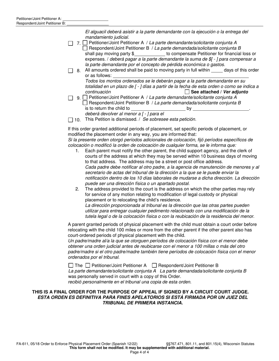 Form FA-611 Order to Enforce Physical Placement Order - Wisconsin (English / Spanish), Page 4