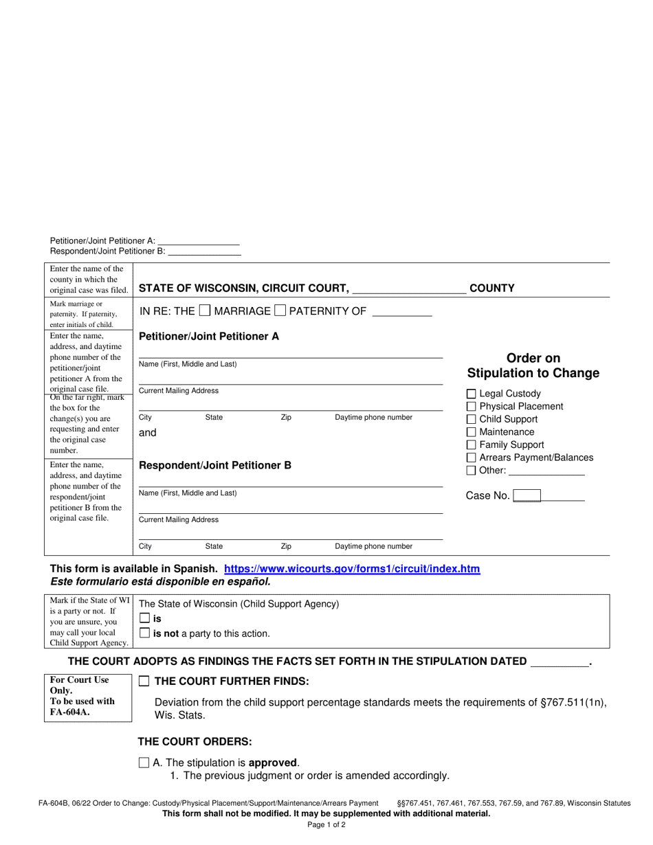 Form FA-604B Download Printable PDF Or Fill Online Order On Stipulation ...