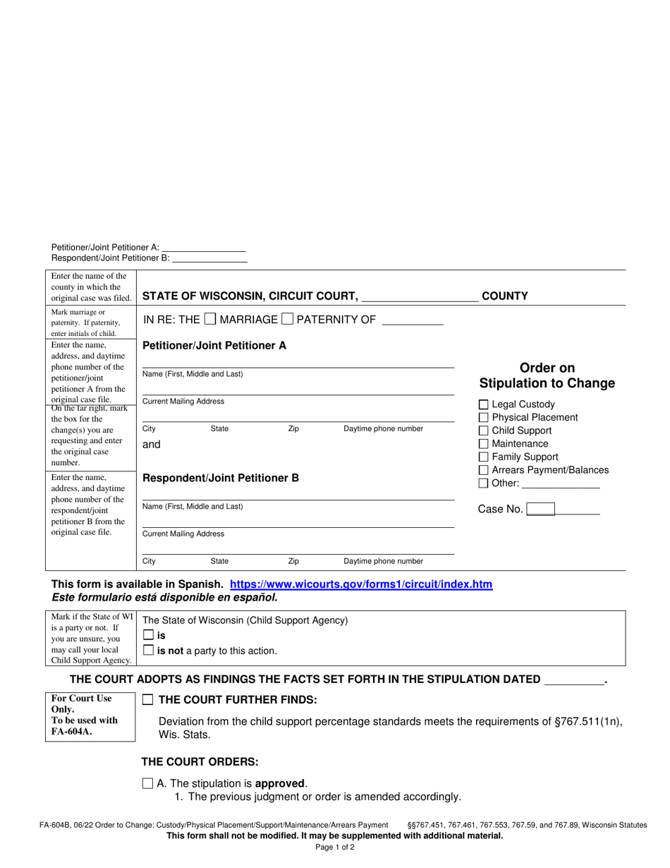 Form FA-604B Order on Stipulation to Change - Wisconsin, Page 1
