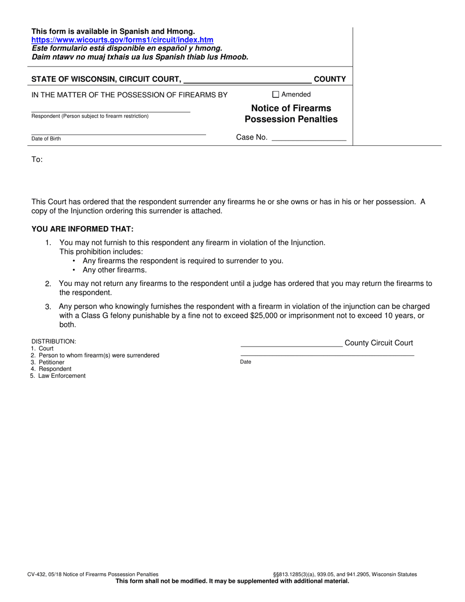 Form CV-432 Notice of Firearms Possession Penalties - Wisconsin, Page 1
