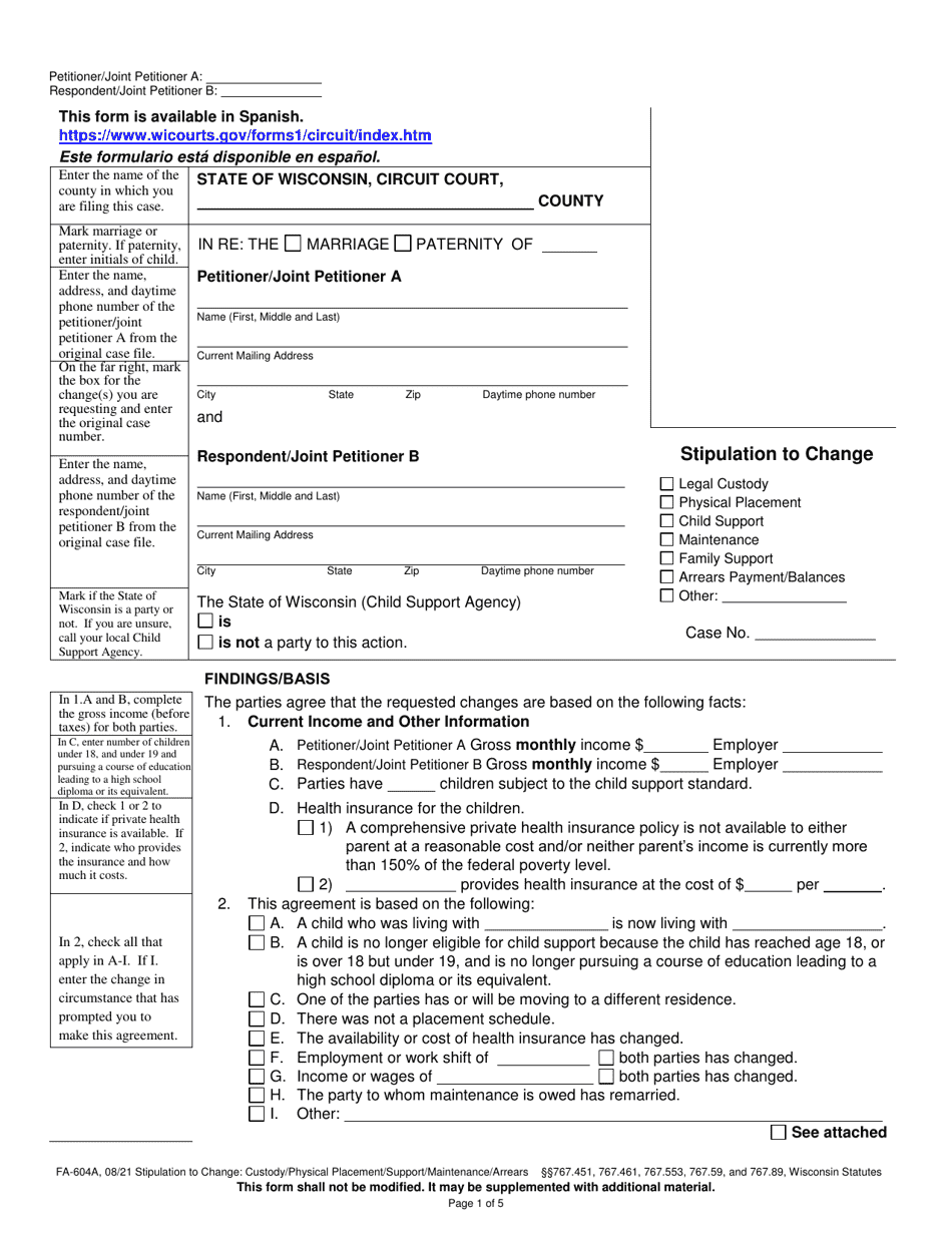 Form FA-604A Stipulation to Change - Wisconsin, Page 1