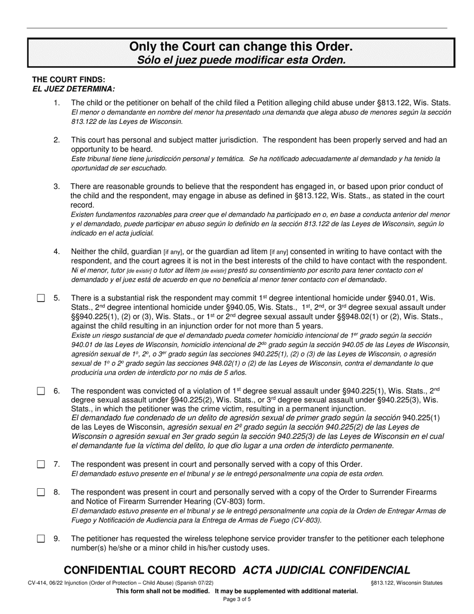 Form CV-414 Injunction - Child Abuse - Wisconsin (English / Spanish), Page 3