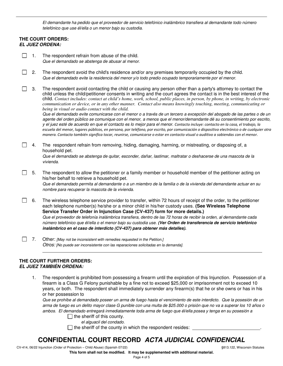 Form CV-414 Injunction - Child Abuse - Wisconsin (English / Spanish), Page 4