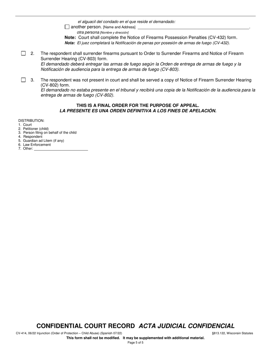 Form CV-414 Injunction - Child Abuse - Wisconsin (English / Spanish), Page 5
