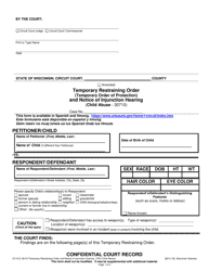 Document preview: Form CV-413 Temporary Restraining Order (Temporary Order of Protection) and Notice of Injunction Hearing (Child Abuse) - Wisconsin
