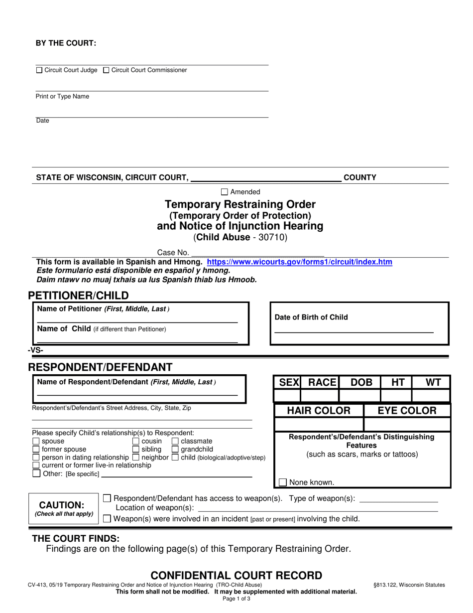 Form CV-413 Temporary Restraining Order (Temporary Order of Protection) and Notice of Injunction Hearing (Child Abuse) - Wisconsin, Page 1