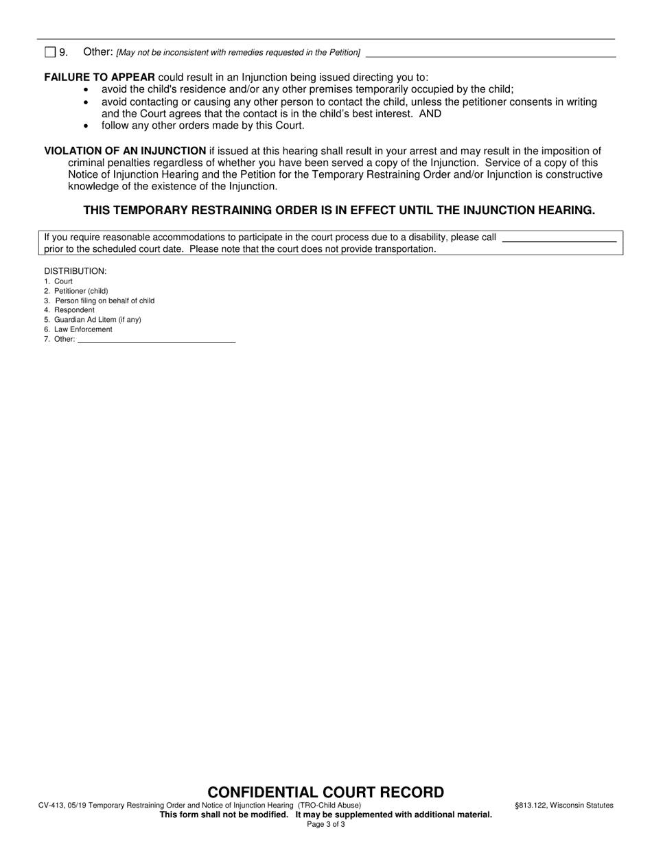 Form CV-413 Temporary Restraining Order (Temporary Order of Protection) and Notice of Injunction Hearing (Child Abuse) - Wisconsin, Page 3