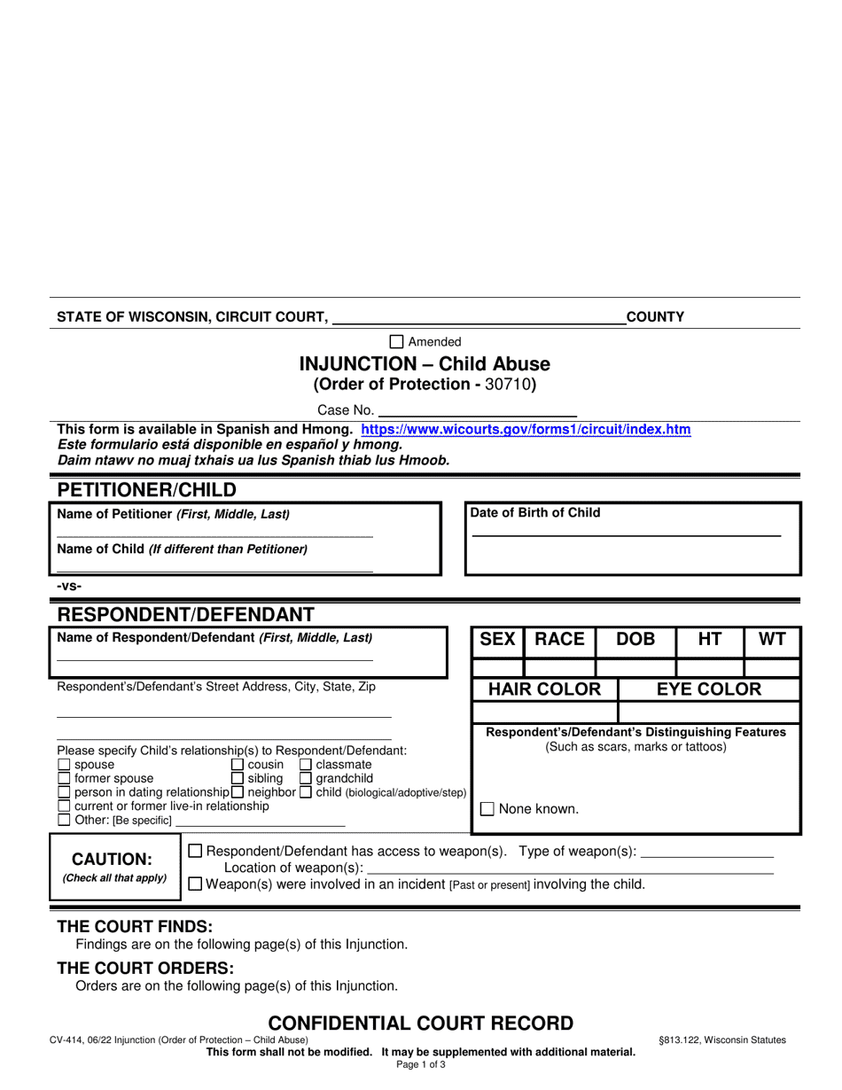 Form CV-414 Injunction - Child Abuse - Wisconsin, Page 1