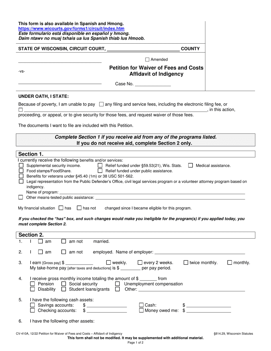 Form CV-410A Petition for Waiver of Fees and Costs Affidavit of Indigency - Wisconsin, Page 1