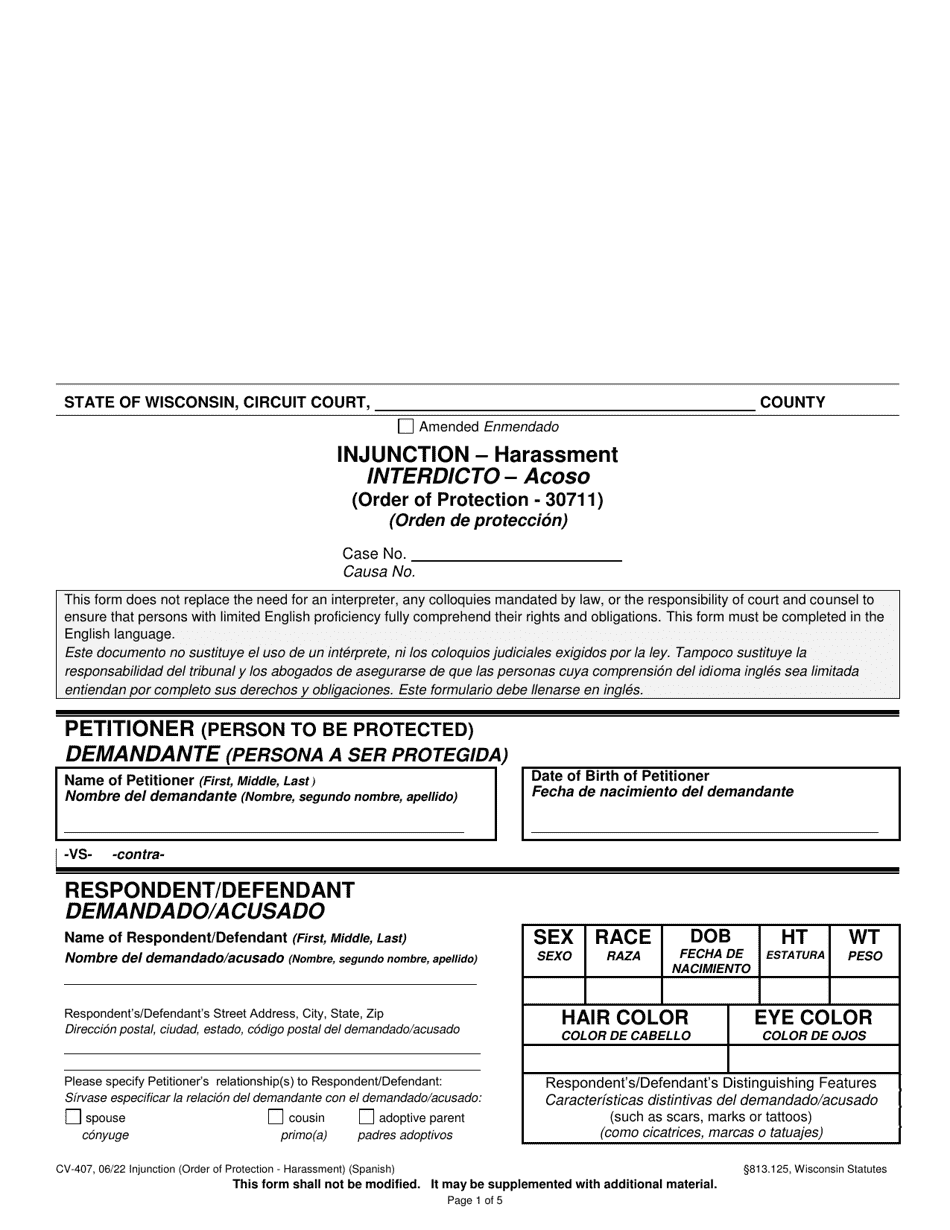 Form CV-407 Injunction - Harassment - Wisconsin (English / Spanish), Page 1
