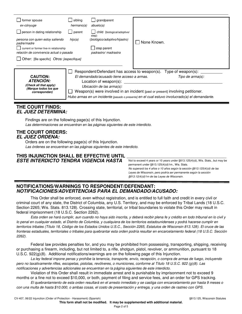 Form CV-407 Injunction - Harassment - Wisconsin (English / Spanish), Page 2