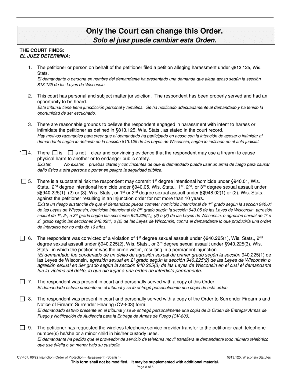 Form CV-407 Injunction - Harassment - Wisconsin (English / Spanish), Page 3
