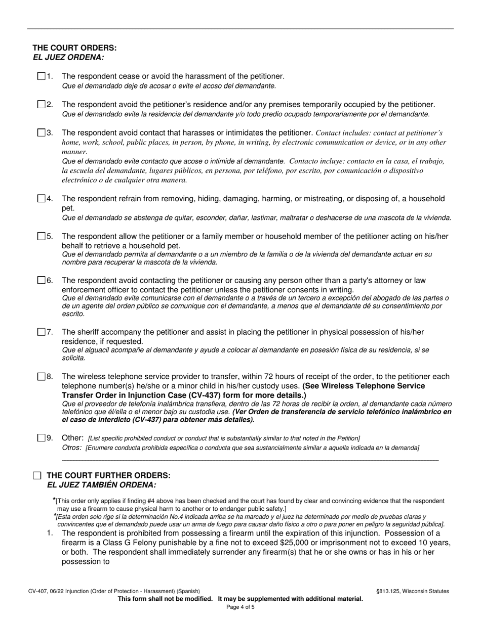 Form CV-407 Injunction - Harassment - Wisconsin (English / Spanish), Page 4
