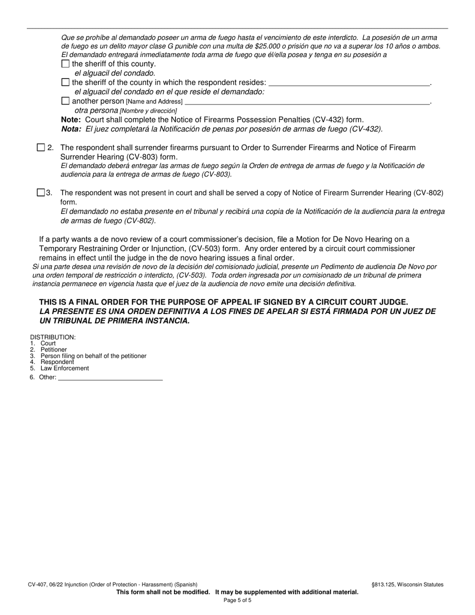Form CV-407 Injunction - Harassment - Wisconsin (English / Spanish), Page 5