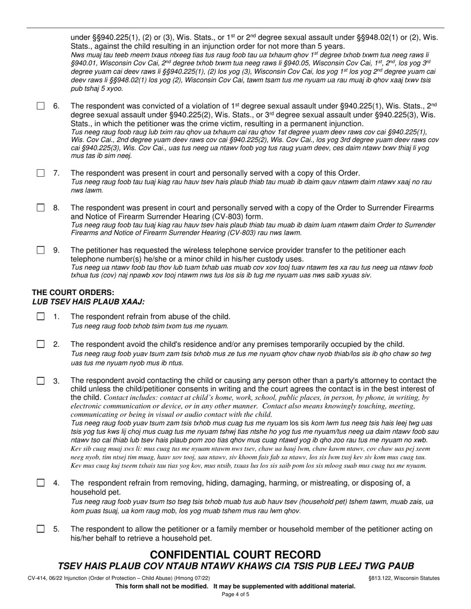 Form CV-414 Injunction - Child Abuse - Wisconsin (English / Hmong), Page 4