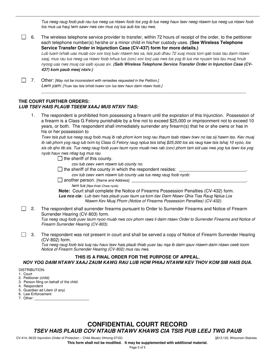 Form CV-414 Injunction - Child Abuse - Wisconsin (English / Hmong), Page 5