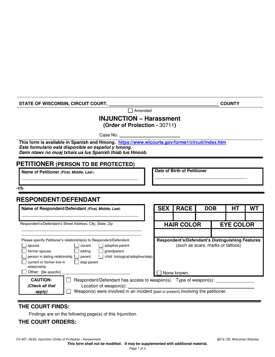 Form CV-407 Injunction - Harassment - Wisconsin, Page 1