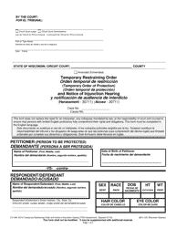 Form CV-406 Temporary Restraining Order (Temporary Order of Protection) and Notice of Injunction Hearing (Harassment) - Wisconsin (English/Spanish)