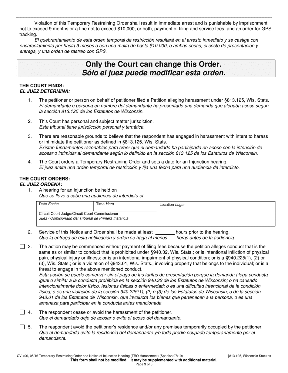 Form CV-406 Temporary Restraining Order (Temporary Order of Protection) and Notice of Injunction Hearing (Harassment) - Wisconsin (English / Spanish), Page 3